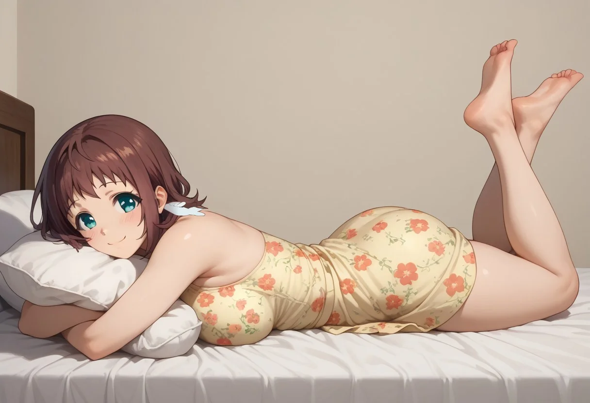 (score_9, score_8_up, score_7_up), 1girl, solo, manaka mukaido, short hair, blue eyes, brown hair, bobcut hair, large breasts, thick thighs, curvy female, wide hips, mature female, chubby, on stomach from side, on stomach, from side, on bed, pillow, pillow hug, looking at viewer, blush, happy, smile, full body, floral print, summer dress,