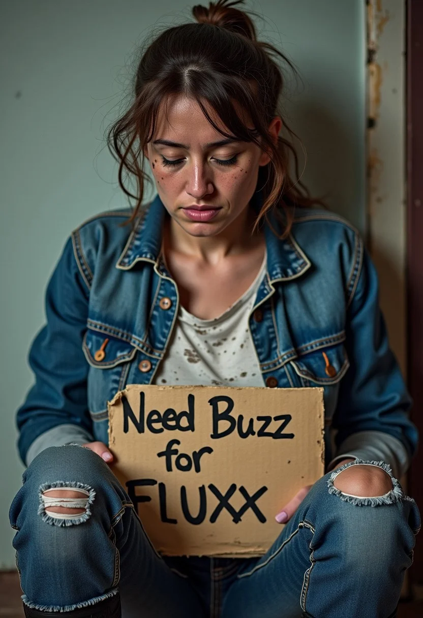 A homeless young woman, likely in her mid-30s with worn, weathered skin and tired eyes, sits slumped in a dimly lit alleyway corner, her expression downtrodden and melancholic. Her disheveled brown hair is tied back in a loose ponytail, revealing a faintly etched face with deep wrinkles and a subtly pointed nose. She wears a tattered, faded denim jacket over a stained white shirt, with ripped jeans and scuffed black boots, conveying a sense of desperation. In her lap, she clutches a creased and worn cardboard sign, hastily scrawled with black permanent marker: "Need Buzz for FLUXX" in uneven, cursive letters. The sign's edges are dog-eared, and the surface is smudged with dirt and grime. The overall atmosphere is one of sorrow and hopelessness, with muted colors and soft, diffused lighting casting long shadows behind her.