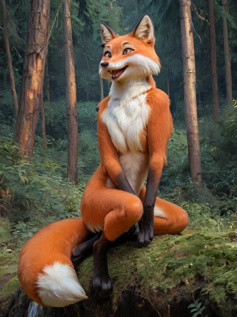 Score_9, score_8_up, scenery, fullbody, 1girl, posing, furry fox, lisichka <lora:Lisichka:0.7>, Pac-Man on her nose, mouth opened, highly detailed, masterpiece, wild forest, scenery, extreme detailed, hyperrealistic, masterpiece, detailed fur, beautiful fur, cute eyes