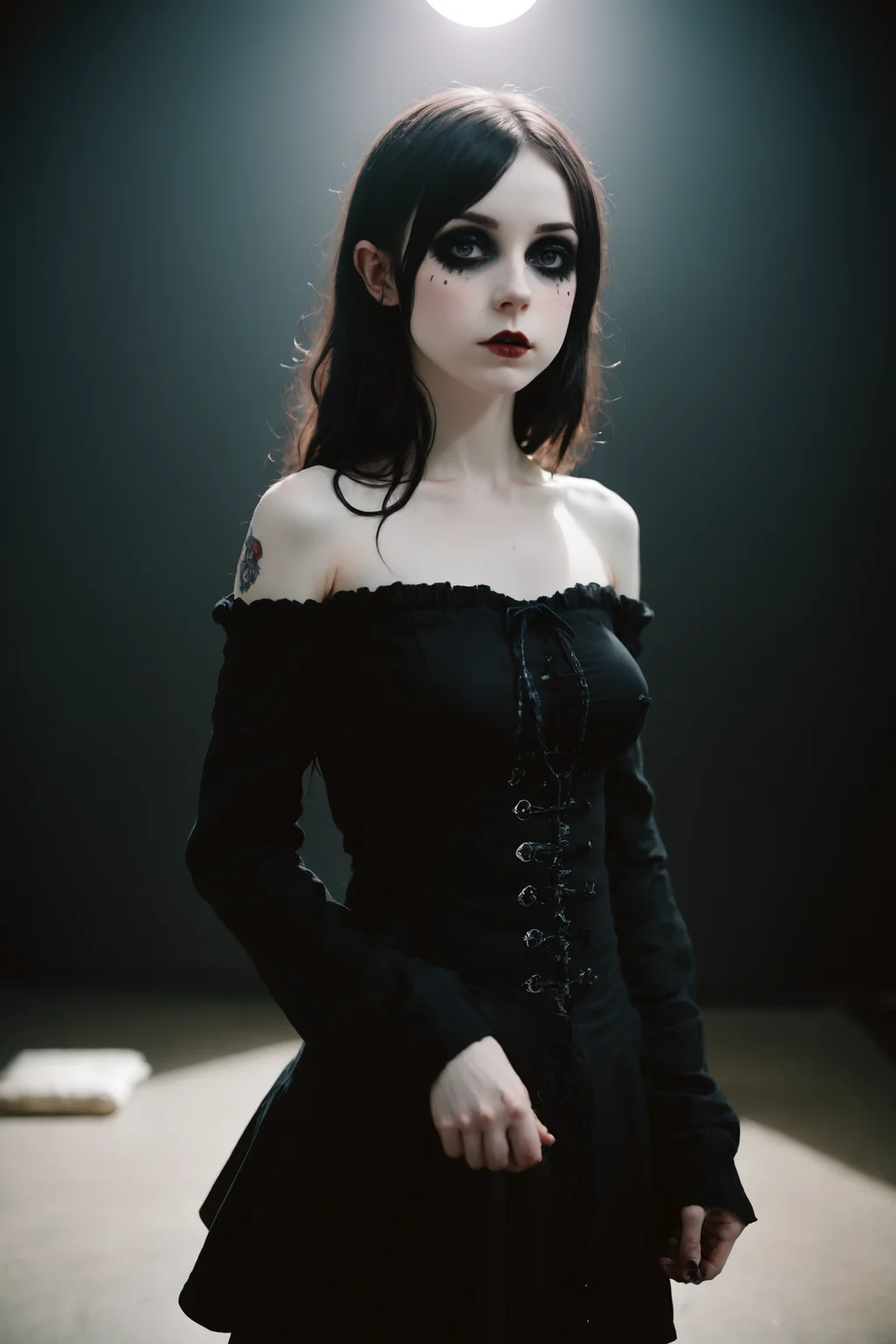 a cute topless petite goth woman, pale white skin, Brightly Lit, Highly Visible, realistic dark colors, Analog Style,Kodak Max 400 Film, 20mm f/1.8 lens, Wide Angle Shot, Symmetrical Composition, Whimsical yet Numb, Quirky Character Designs, Dollhouse Aesthetics,dark background,silhouette,spotlight,dark theme, kwf, <lora:kwFemale_Beta40-SDXL_v1:1>,