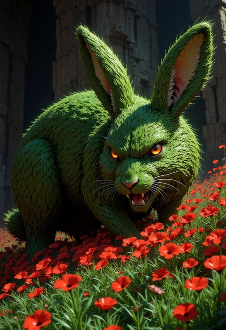 masterpiece, best quality, A hyper-realistic Close up shot of a figure completely made of grass and red flowers in bunny form, full body zoomed in, ultra sharp focus photo, 3d render, architecture, dark fantasy, vibrant (photography, high-resolution, dynamic, energetic,hyper-realistic, dramatic lighting, shallow depth of field.), dramatic lights, Cinematic, beautiful, vibrant, masterpiece, 32k, ultra HD, ultra-detailed, amazing quality, amazing artist, sharp edges, detailed textures, full view, atmospheric lighting, amazing visuals, flowers field landscape