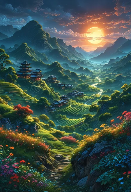 A captivating night scene illustration the Japanese Countryside This enchanting artwork captures a serene and peaceful early morning, where the sun is just starting to rise over the beautiful hills and, creating a cinematic experience 
 illustration, cinematic
<lora:DonM3t3rn1tyXL-v1.1:0.7>, DonM3t3rn1tyXL,
OverallDetailXL  <lora:MJ52:0.3>  <lora:SDXLFaeTastic2400:0.4>  <lora:EpicF4nta5yXL:0.7>