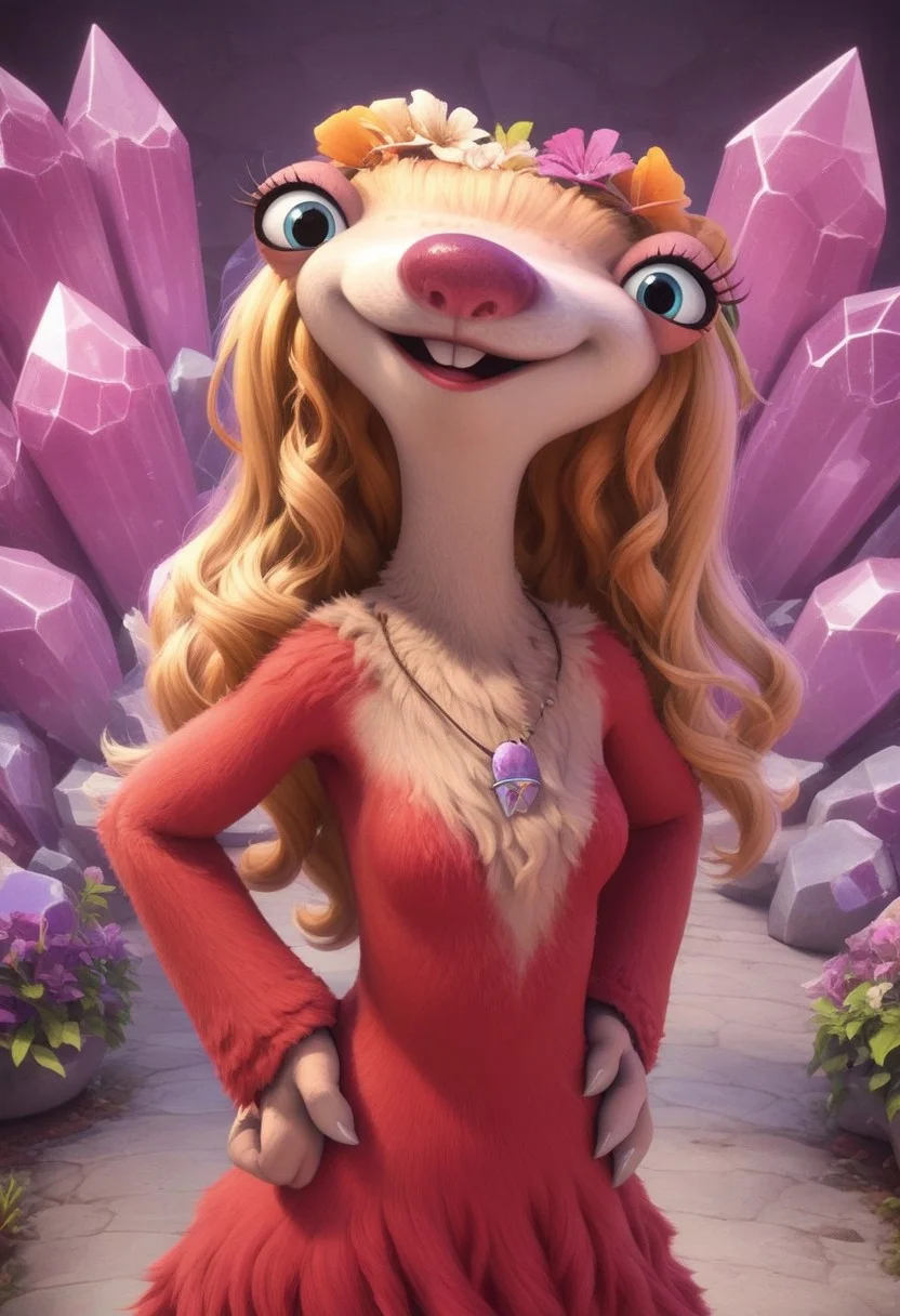 furry, anthro, female sloth, ground sloth, blue eyes, blonde hair, long wavy hair, red fur, red fur dress, blonde fur on upper body, two-toned fur, pink nose, buckteeth, hair ornament, white claws, no ear, score_9, score_8_up, score_7_up, BREAK, 1girl, solo, looking at viewer, cute, from above, hands on hips, head tilt, female focus, looking at viewer, pink crystal background, detailed background, 4k, masterpiece, best quality, highly detailed, realistic, cowboy shot