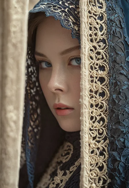 masterpieces, best quality, highres, realistic, realism, Film grain, atmospheric lighting, 
A masked hkstyle Warrior nun, show cleavage, blue eyes, red hair, full body, crossed legs, DARK hooded High collar cape, velvet dark-blue bodysuit,
(see-through lace, beige/blue lace see-through armor), (transparency crystal lace), atmospheric haze, Film grain, cinematic film still, shallow depth of field, highly detailed, high budget, cinemascope, moody, epic, OverallDetail, gorgeous, 2000s vintage RAW photo, photorealistic, candid camera, color graded cinematic, eye catchlights, atmospheric lighting, skin pores, imperfections, natural, shallow dof, deep blacks, high monochrome contrast, amazing octane render, thick dust white tones, wearing golden halo, hyperrealistic concept art, flower,