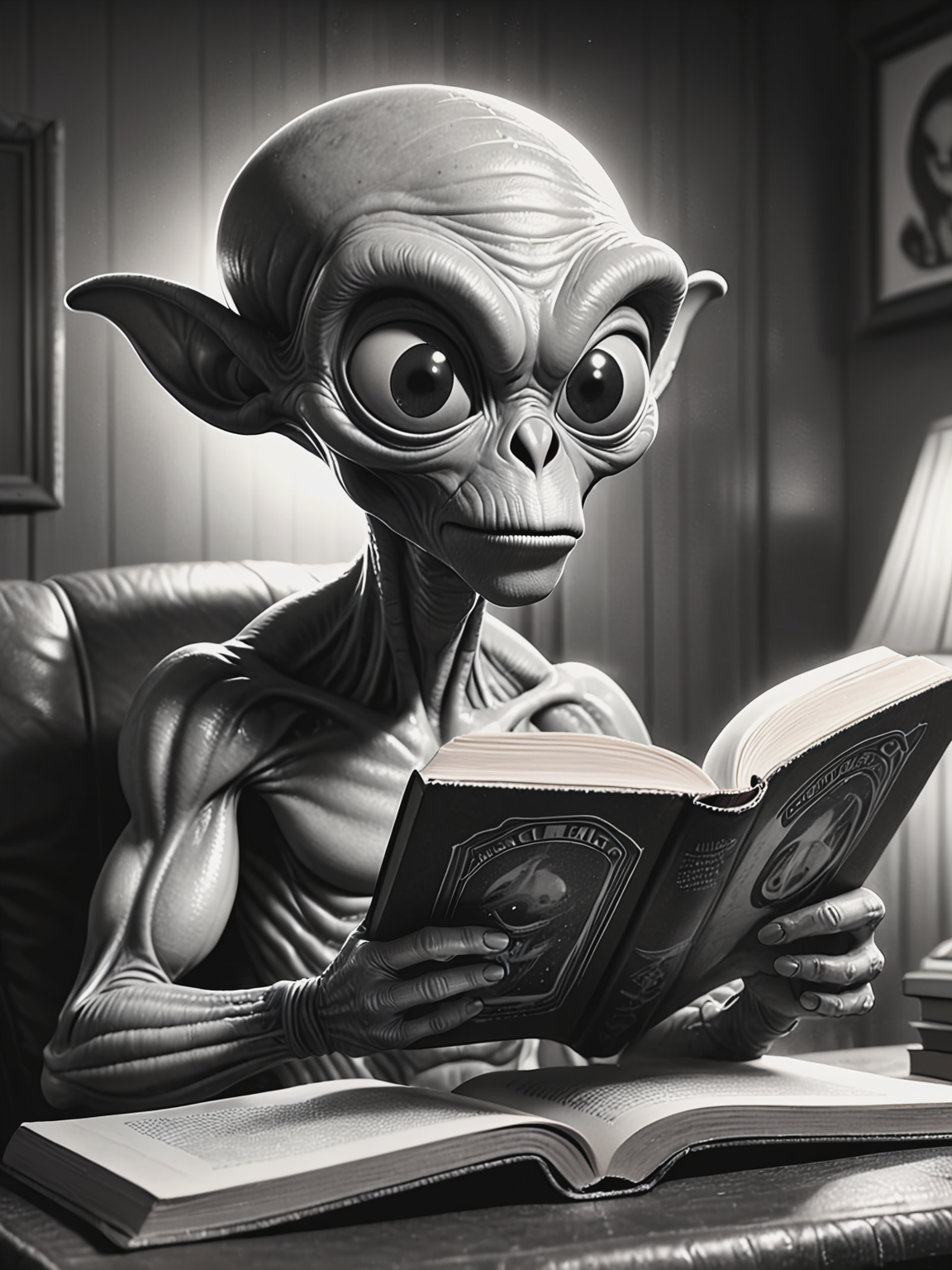 illustration,black and white vintage cartoon of funny alien reading a book, suprised in awe <lora:BW_Vintage_Cartoon:0.8>