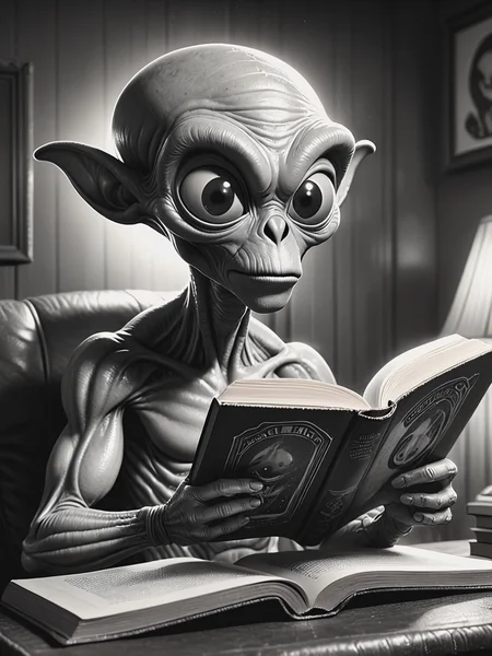 illustration,black and white vintage cartoon of funny alien reading a book, suprised in awe <lora:BW_Vintage_Cartoon:0.8>