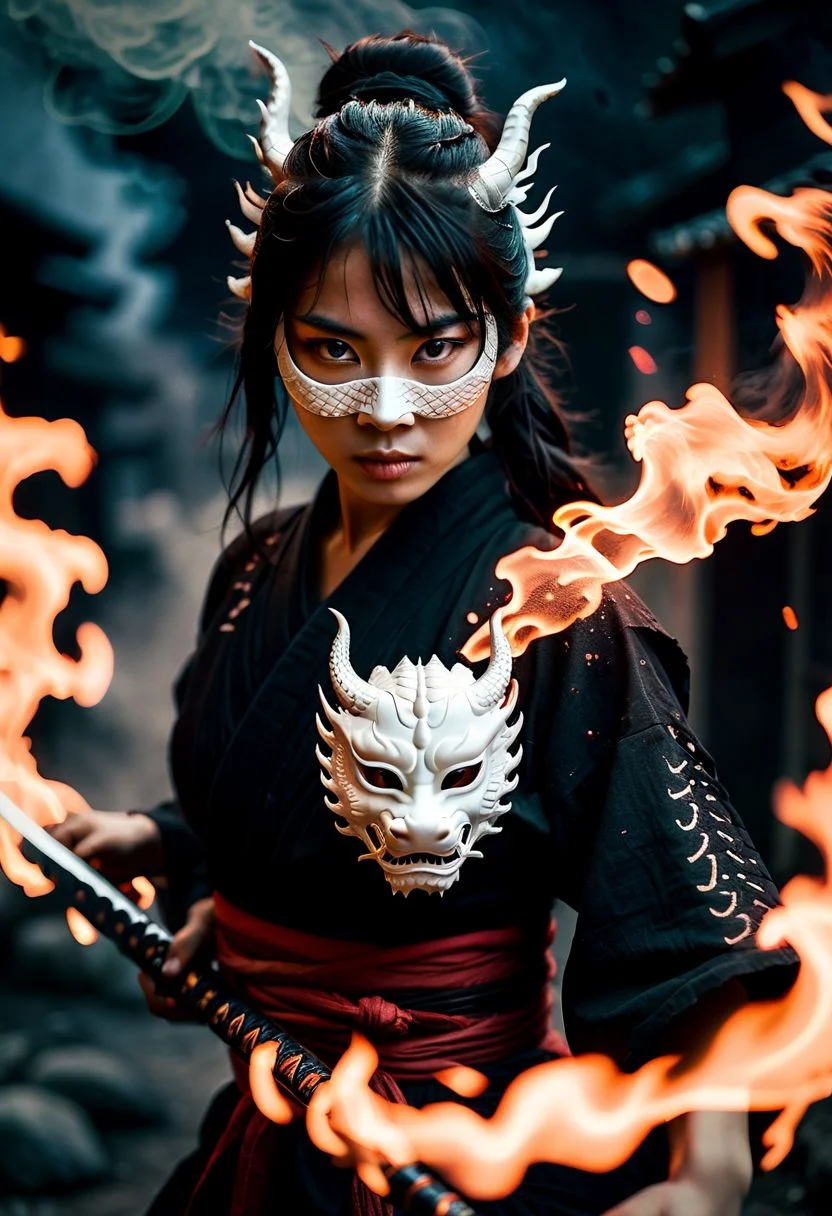 glamour portrait photo, macro, a captivating vibrant glow, mysterious female ninja wearing a white dragon mask, burning rural japanese village, surrounded by burning particles emitting light, fighting stance, burning katana, ethereal, smoky backdrop. throwing a translucent black/tanslucent dark/bright fade, ninja clothing revealing cleavage, 100mm f/2.8 macro lens, atmospheric haze, Film grain, cinematic film still, shallow depth of field, highly detailed, high budget, cinemascope, moody, epic, OverallDetail, gorgeous, 2000s vintage RAW photo, photorealistic, candid camera, color graded cinematic, eye catchlights, atmospheric lighting, imperfections, natural, shallow dof