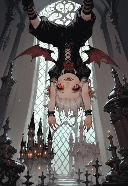 score_9, score_8_up, score_7_up, source_anime, 1girl, (ultra HD quality details), anime, slightly chibi, vampire girl, bat wings, fangs, hanging upside down, cozy, smug, gothic castle interior
(detailed image, high resolution, 5k resolution:1.0)