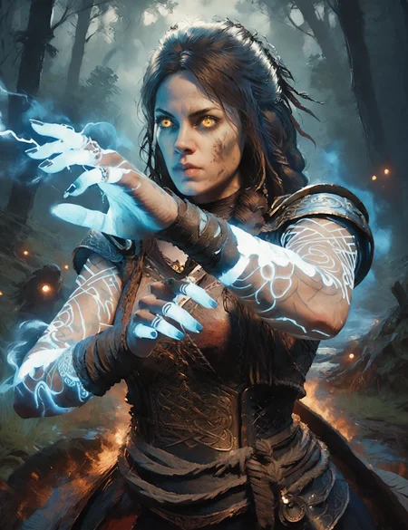 beautiful woman, medieval, ragged clothes, casting spells on hands, digital art, wallpaper, glowing tattoos, glowing eyes, 2d, dark energy, dark forest, at night, action pose, armor<lora:FreyaGOW:0.65> gow_freya <lora:Impressionism Oil Painting Style LoRA_Pony XL v6:0.6> oil painting, solo, score_9, score_8_up, score_7_up, score_6_up