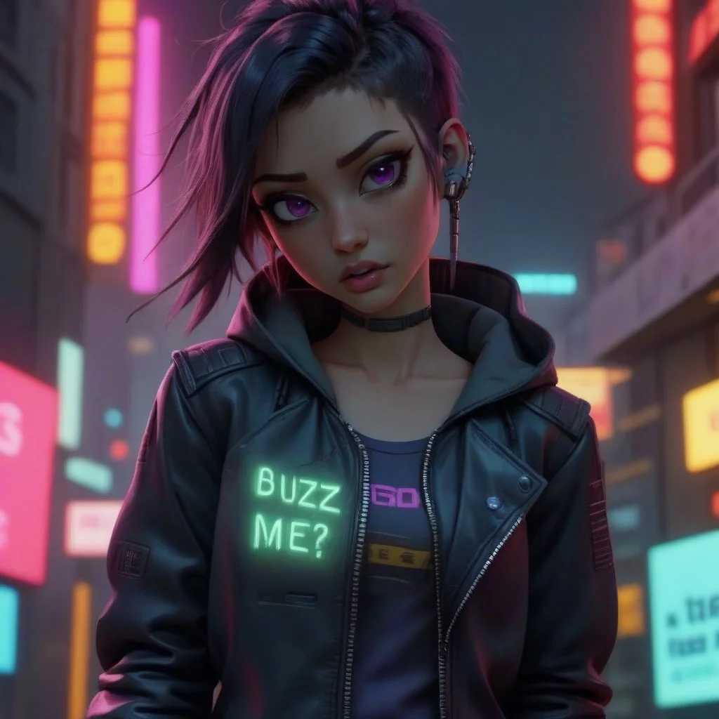realistic, RAW, 85mm, aesthetic, 
BREAK, 
1girl, highly detailed face, cyberpunk clothing, neon jacket, natural skin texture, (holding sign that says "buzz me?", buzz), 
BREAK, 
outside, late night, neon signs, cyberpunk setting, detailed background, retro aesthetic, dramatic lighting, neon theme, purple theme, nostalgic