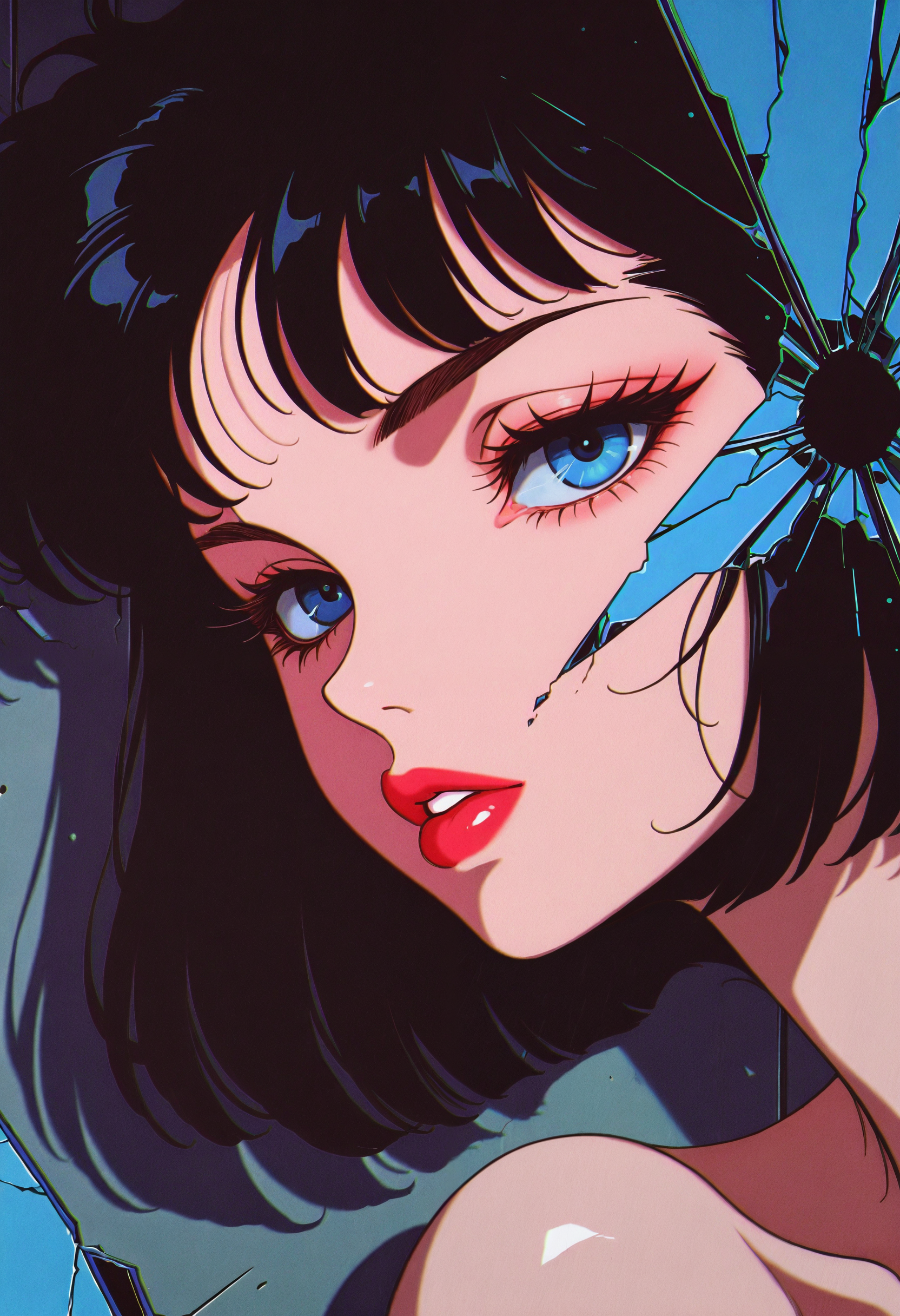 <lora:Retroabn-illustriousXL_v01_V2-CAME-000035>, retro artstyle, 1990s \(style\), 1girl, solo, blue eyes, red lips, black hair, glass, portrait, looking at viewer, broken glass, abstract, lips, parted lips, lipstick, makeup, film grain, shadow, medium hair, eyelashes, crack, pink lips, short hair