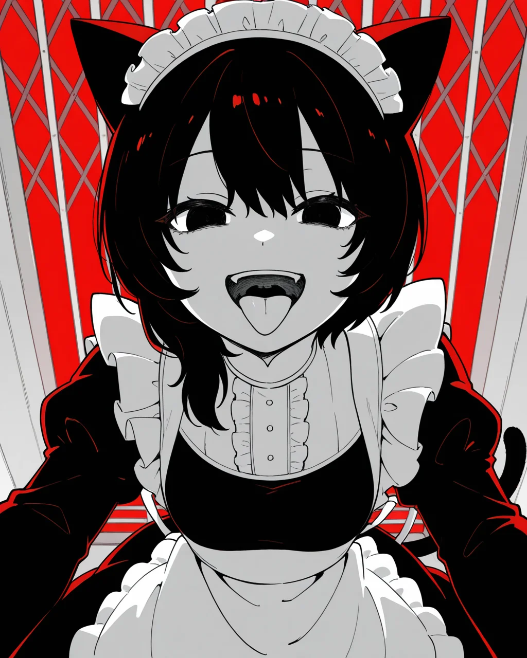 1girl, solo, chikyuu no ura \(cevio\), black hair, cat ears, short hair, black eyes, empty eyes, maid headdress, maid, dress, (maid apron, waist apron, white apron:1.2), frilled apron, (cat tail:1.1), happy, open mouth, tongue out, looking at viewer, upper body, close-up, monochrome, elevator door, red background, masterpiece, best quality, very aesthetic, absurdres