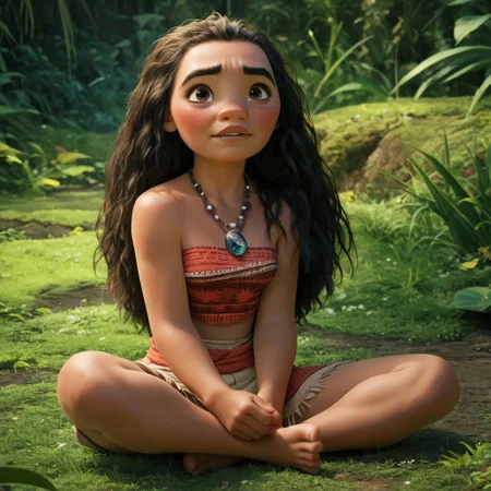 score_9, score_8_up, score_7_up, score_6_up, score_5_up, score_4_up, Moana, sitting on the ground, barefoot, sexy pose, blushing, looking up at viewer, necklace