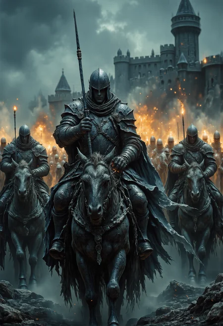 A dramatic and intense medieval cavalry charge under the cover of night, featuring a line of armored knights on horseback galloping at full speed through a thick cloud of fog and dust. Each knight wears polished steel plate armor that glimmers faintly in the flickering light of flaming torches held aloft by their comrades. Their visors are down, concealing their faces, creating an aura of mystery and determination. The horses are powerful and dynamic, their manes and tails streaming in the wind as they thunder across the dark battlefield. Spears and lances are raised high, some tipped with glowing flames, adding a sense of urgency and ferocity to the charge. The scene is illuminated by the orange glow of torches, casting long, eerie shadows through the fog and highlighting the silhouettes of the knights and their steeds. In the background, the faint outline of a medieval castle or fortress looms, partially obscured by smoke and mist, suggesting the battle's destination. The atmosphere is dark and foreboding, with a muted blue and gray palette contrasting with the warm glow of the torches. The composition captures the raw energy, coordination, and fearsome unity of the charging cavalry, evoking themes of valor and impending conflict. <lora:ancient.safetensors:0.15>, <lora:Elden_Ring_-_Yoshitaka_Amano.safetensors:1.0>, <lora:fantasy-flux-v1.safetensors:1.0>, <lora:aiai-Glimra-Flux-Dev-v2.safetensors:0.75>, <lora:Movie_Portrait.safetensors:0.5>, <lora:- Flux1 - soothing_atmo_V2.0.safetensors:0.2>, <lora:lith_mimosa_kiel_grw134_FLUX.safetensors:0.4>,