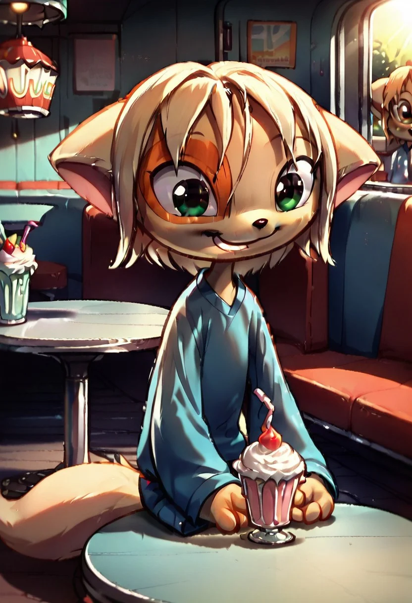 <lora:Paige_v2_r1:0.8>,
score_9,score_8_up,score_7_up,paige,
1girl,solo,furry,child,kid, 
short  hair, r, light blue jacket, smiling, diner, milkshake, sunlight, sitting arcoss table POV,
masterpiece, best quality, amazing quality, very aesthetic, absurdres,  newest,