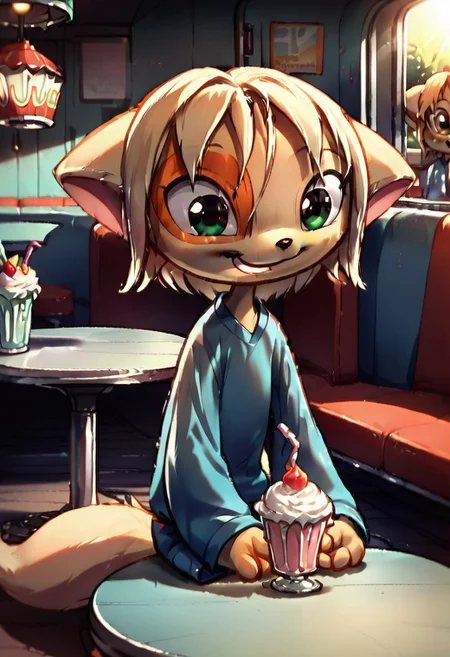 <lora:Paige_v2_r1:0.8>,
score_9,score_8_up,score_7_up,paige,
1girl,solo,furry,child,kid,
short hair, r, light blue jacket, smiling, diner, milkshake, sunlight, sitting arcoss table POV,
masterpiece, best quality, amazing quality, very aesthetic, absurdres, newest,