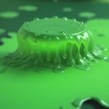blurry background, realistic, food focus, water drop, lily pad, greenslime, green skin, 1girl