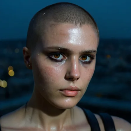 Buzzcut, no hair, bald, Blade Runner style, cinematic film still, (Skin Texture, pores, natural,iPhone,RAW)), natural lighting, Highest Quality closeup Portrait photo of a woman with a ((buzzcut)), silver eyes, Nikon Z9, realistic matte skin, blurry city in the background, at night, moody, epic, gorgeous, 8K,