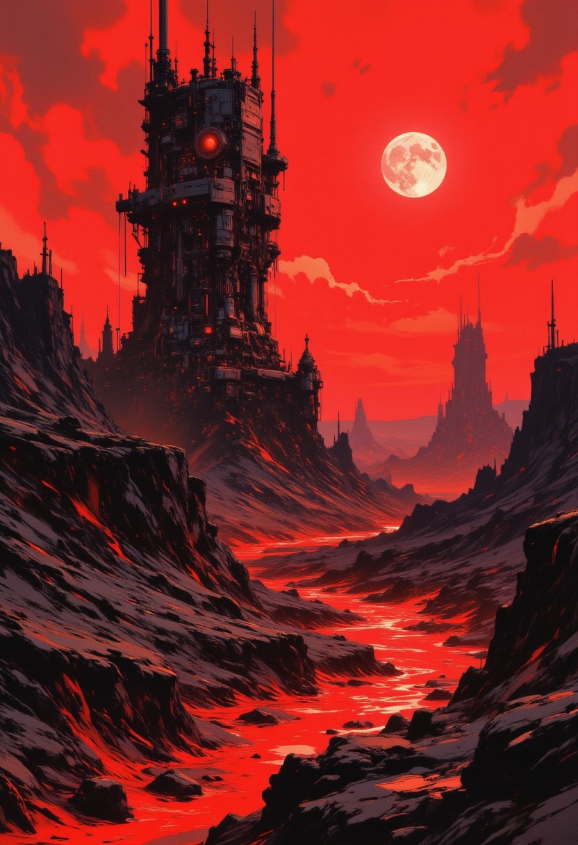 OBxiaoxiang, CAICO, inksketch black and red theme, detailed photorealistic image, a_skynet_cyberdyne_craft, the image is featuring a sci-fi cityscape of colossal buildings and towers in a black and red arid landscape, situated in a volcanic valley bounded by lava volcanos, black and gunmetal grey alloy surfaces with high-end circuitry, red glowing diodes and lights, large depth of field. The sky is an ominous red, with a moon hanging low in the horizon