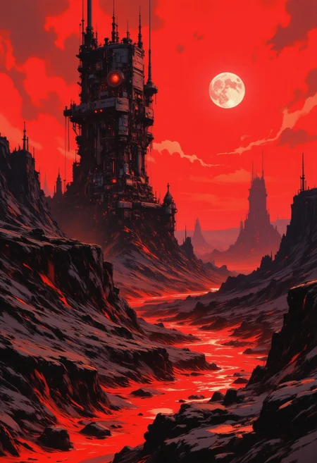 OBxiaoxiang, CAICO, inksketch black and red theme, detailed photorealistic image, a_skynet_cyberdyne_craft, the image is featuring a sci-fi cityscape of colossal buildings and towers in a black and red arid landscape, situated in a volcanic valley bounded by lava volcanos, black and gunmetal grey alloy surfaces with high-end circuitry, red glowing diodes and lights, large depth of field. The sky is an ominous red, with a moon hanging low in the horizon