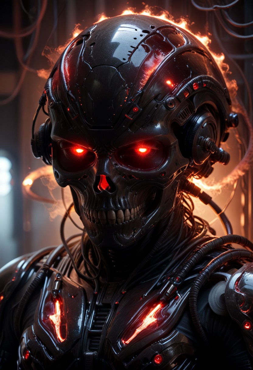 score_9, score_8_up, score_7_up, (1male), BExoS, science fiction, glowing eyes, cyborg, humanoid robot, wires coming out of helmet, black skull helmet, red glowing eyes, looking at viewer, standing, (head and thigh focus), (detailed BExos Background), (photorealistic), (masterpiece),