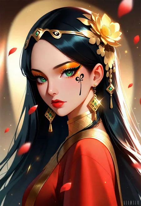 masterpiece, best quality, good quality, very aesthetic, absurdres, newest, 1girl, solo, long hair, looking at viewer, black hair, hair ornament, green eyes, dress, closed mouth, jewelry, upper body, facial tattoo, flower, earrings, artist name, hair flower, blurry, from side, parted bangs, eyelashes, sparkle, petals, blurry background, makeup, depth of field, egyptian clothes, red clothing, loose clothing, portrait, light particles, eyeshadow, glint, falling petals