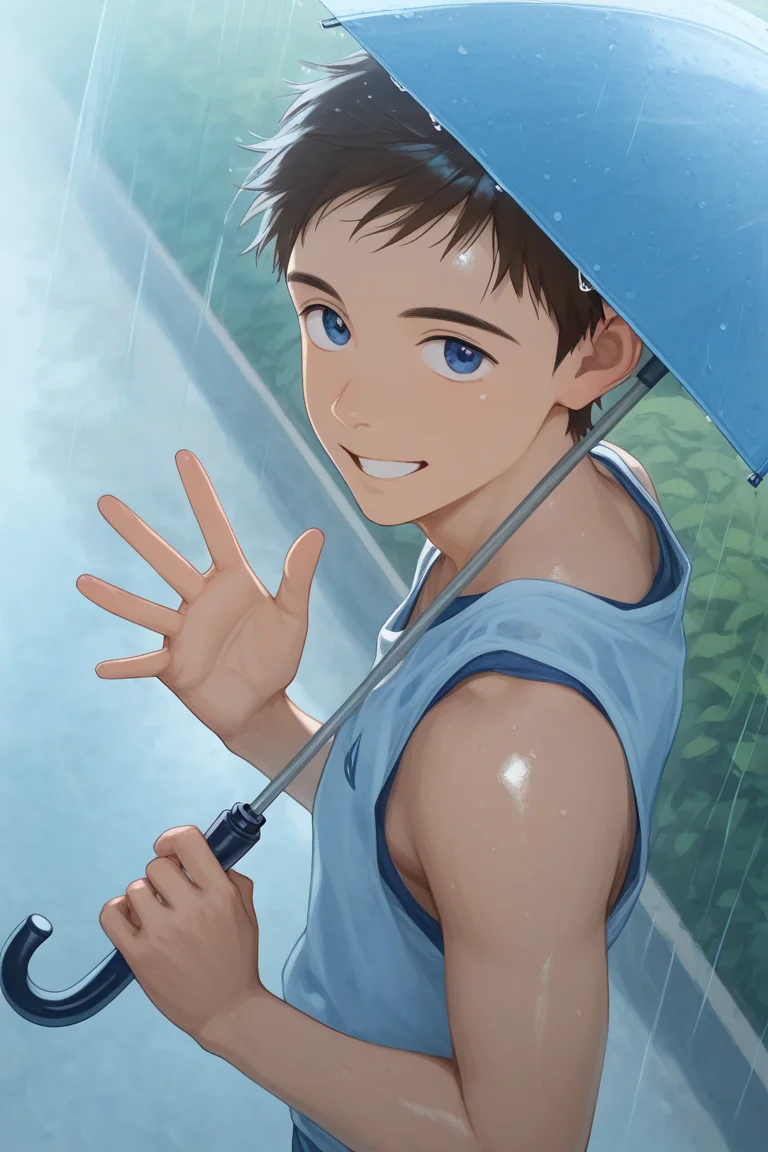 realistic shading, natural lighting, raining, sunshower, sunray, sunny, summer theme, holding umbrella, 1hand waving, male focus, looking at viewer, expressive face, naotafc, brown_naotafc_male hair, blue_naotafc_eyes, 1boy, shiny skin, sweet smile, summer clothes, tank top, outdoors, road, bush, from above, dynamic angle, intricately detailed illustration, depth of field, masterpiece, best quality, amazing quality, very aesthetic, absurdres, newest
