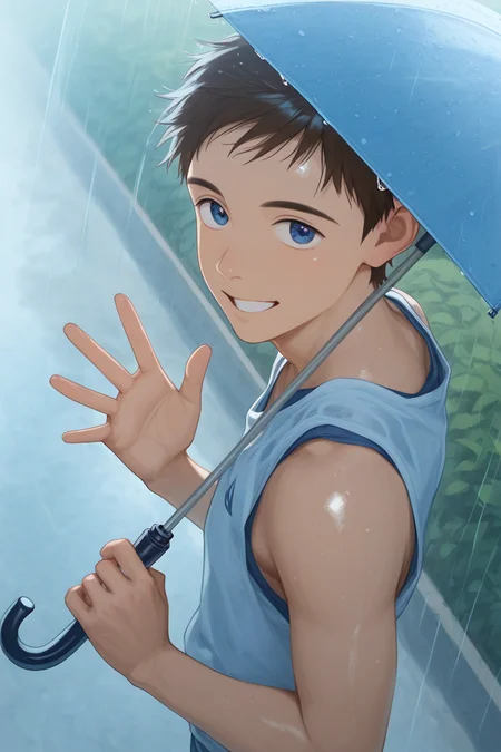 realistic shading, natural lighting, raining, sunshower, sunray, sunny, summer theme, holding umbrella, 1hand waving, male focus, looking at viewer, expressive face, naotafc, brown_naotafc_male hair, blue_naotafc_eyes, 1boy, shiny skin, sweet smile, summer clothes, tank top, outdoors, road, bush, from above, dynamic angle, intricately detailed illustration, depth of field, masterpiece, best quality, amazing quality, very aesthetic, absurdres, newest