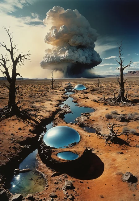 highly detailed and hyper realistic.

a panoramic wide angle shot of a complex, beautiful, otherworldly, epic landscape,  translucent, melancholic, twisted, flawless, poetic, by Karel Thole, John Harris, Lee Friedlander, Ralph Steadman.

highly dramatic lighting, finest details, maximized details, ultimate detail level, masterpiece, best quality.