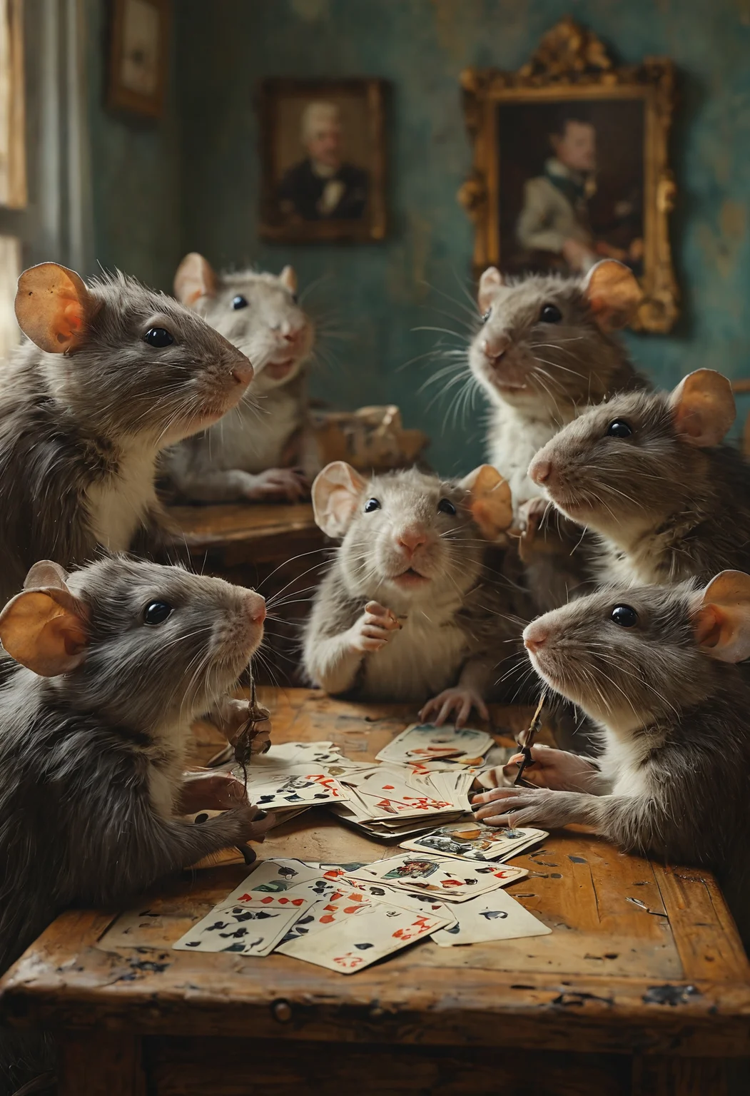a group of rats in the nursing home gather around a table for a game of cards, with one rat wearing a monocle and another puffing on a cigar. The rendering style is reminiscent of a classic oil painting. <lora:add-detail-xl:1> <lora:MJ52:0.5>
