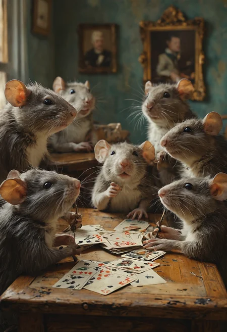 a group of rats in the nursing home gather around a table for a game of cards, with one rat wearing a monocle and another puffing on a cigar. The rendering style is reminiscent of a classic oil painting. <lora:add-detail-xl:1> <lora:MJ52:0.5>