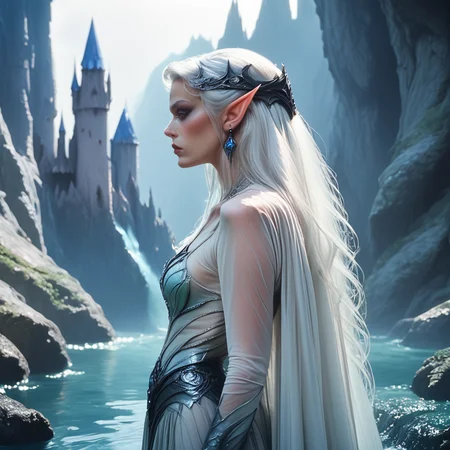 Score_9, score_8_up, score_7_up, score_6_up, BREAK <lora:80sFantasyMovieV3Pony:1> ArsMovieStill, 80s Fantasy Movie Still, The image shows a woman with long white hair standing in front of a castle surrounded by water and hills in the background., 1girl, pointy ears, solo, long hair, white hair, castle, jewelry, earrings, elf, profile