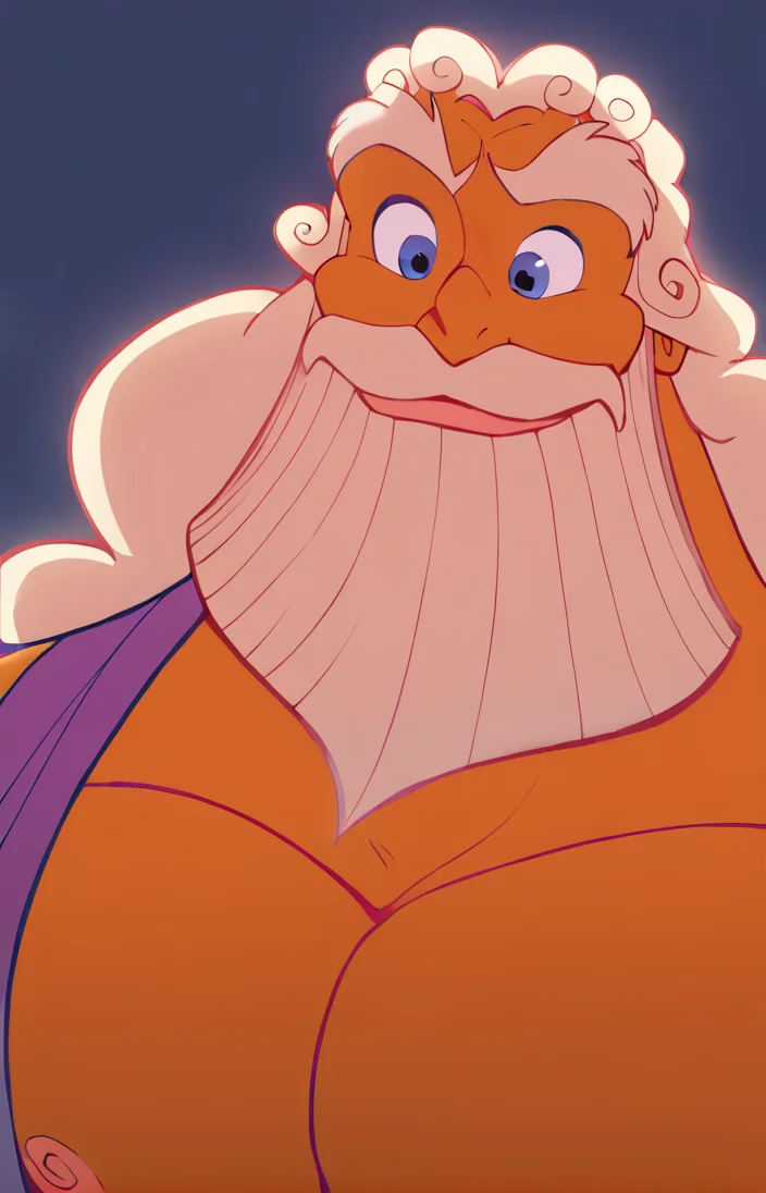 score_9, score_8_up, score_7_up, portrait, male, thick eyebrows, long hair, white hair, mustache, beard, blue eyes, orange skin, happy, purple toga, pecs, muscular, nipples, <lora:Hotcha:0.7> <lora:Zeus_Hercules_v2:0.9>