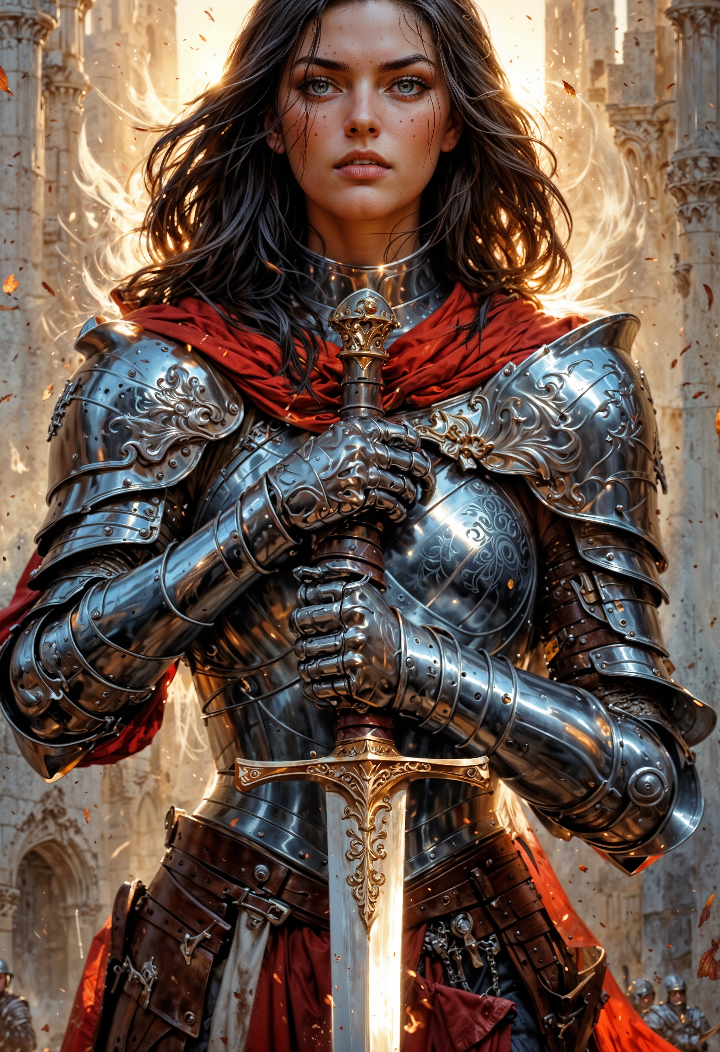 A strikingly elegant female knight, clad in silver armor and wielding a massive greatsword. The detailing on her armor glistens in the sunlight, showcasing intricate engravings of mythical creatures. Her piercing gaze exudes confidence and determination, contrasting beautifully with her flowing crimson cape billowing in the wind. This vivid and dynamic scene is captured in a breathtaking painting, emphasizing the warrior's grace and strength in perfect harmony.
<lora:EpicF4nta5yXL:0.6>, <lora:CinematicStyle_v1:0.8>, <lora:DetailMaximizer:0.7>