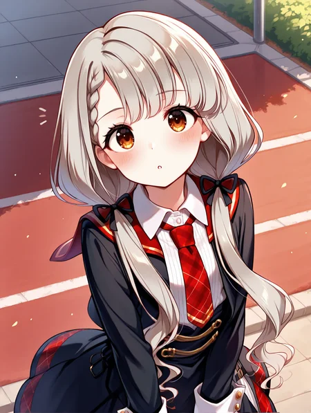 masterpiece,best quality,very aesthetic,absurdres,highres,newest,
hskwng blackdress,hisakawa nagi, asymmetrical bangs,belt,belt buckle,black belt,black dress,black ribbon, blush,braid,buckle, collared shirt,dress, eyelashes,brown eyes,grey hair, hair ribbon,long hair,long sleeves,low twintails, necktie,parted lips,plaid necktie,red necktie, red sailor collar,ribbon,sailor collar,shirt,
eye_focus,<lora:eye_focus:1>,
<lora:idolmaster_hisakawa_nagi_idoloutfit_ill_v1.0:1>,