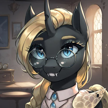 masterpiece, score_9, score_8_up, score_7_up, (best quality:1.1), ultra-detailed, high resolution, 1character, Yaria, changeling queen oc, mlp, feral, black skin, long blonde mane, blonde eyebrows, (beautiful blue eyes), long eyelashes, single horn, animal ears, yellow insect wings, (round glasses:1.6), looking at you, long eyelashes, (indoors), (in the parliament rooms), Highly Visible, (((8k))), sharp focus, perfect lighting, beautiful eyes, detailed outfit, anatomically correct, extremely detailed, shine on body, high detail, cute face, happy facial expression, Expressiveh, detailed background, OverallDetail, zPDXL2