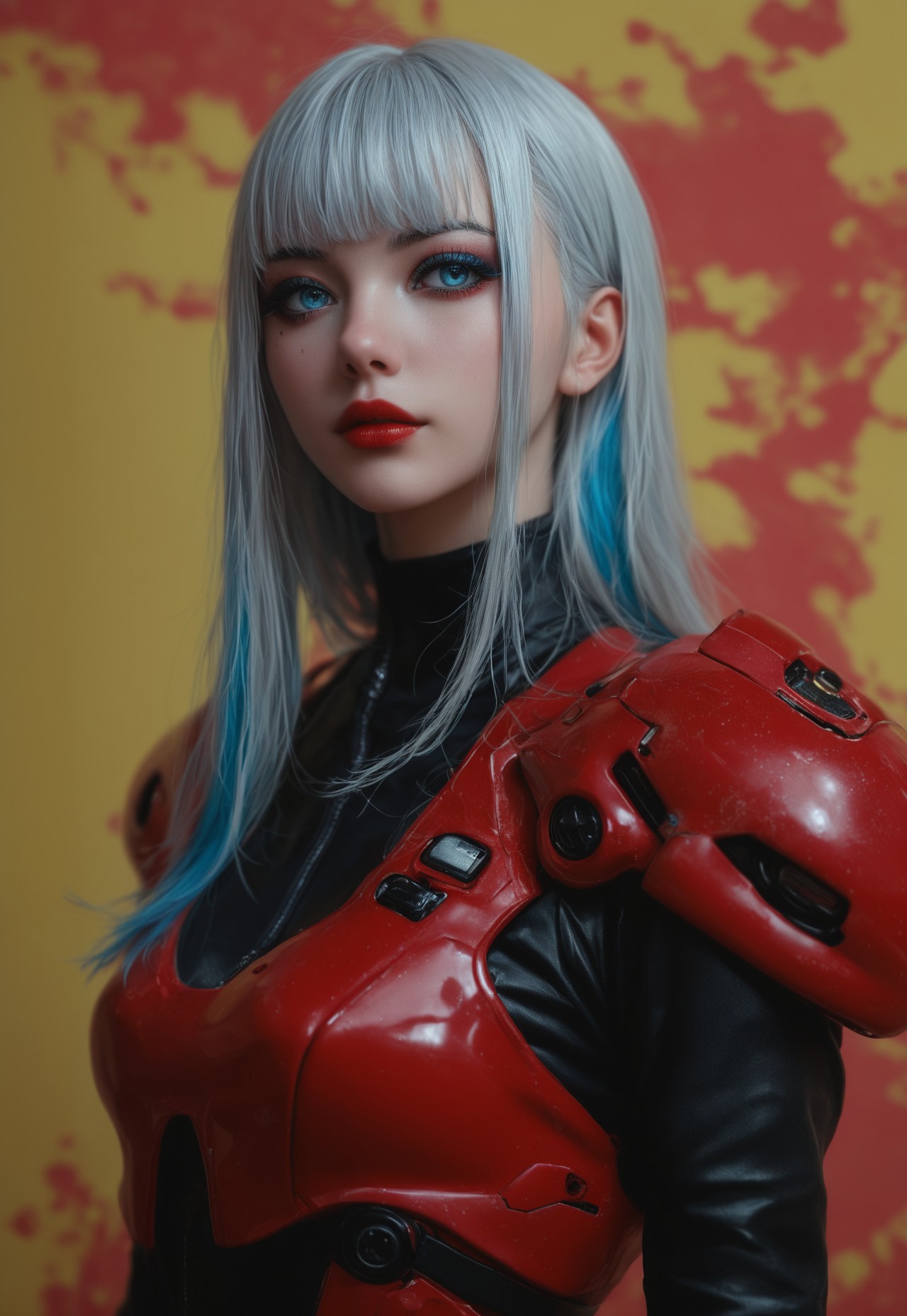 masterpiece, best quality, highly detailed, score_9, score_8_up, score_7_up, Expressiveh, 
silhouette art, animeanime image of a robotic cyberpunk female warrior, long multicoloured hair (platinum with red and blue highlights or streaks), bangs, dark eyeshadow, red lips, chrome and red armour, silhouetted, chiascuro, glowing eyes, abstract dark cyberpunk background
<lora:Dynamic Poses:1> 
<lora:detailed_notrigger:1>
 (((full clothed))),