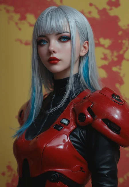 masterpiece, best quality, highly detailed, score_9, score_8_up, score_7_up, Expressiveh,
silhouette art, animeanime image of a robotic cyberpunk female warrior, long multicoloured hair (platinum with red and blue highlights or streaks), bangs, dark eyeshadow, red lips, chrome and red armour, silhouetted, chiascuro, glowing eyes, abstract dark cyberpunk background
<lora:Dynamic Poses:1>
<lora:detailed_notrigger:1>
(((full clothed))),