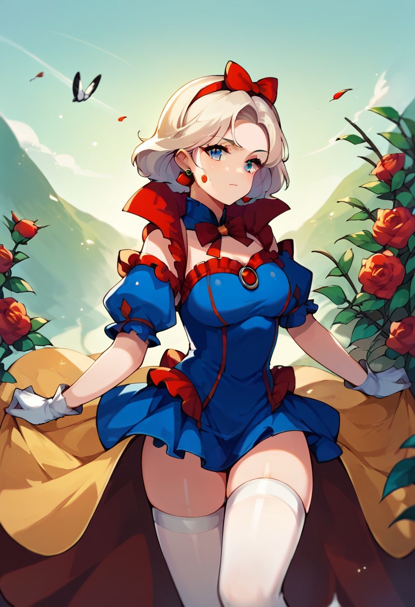 score_9, score_8_up, score_7_up, source_anime, snow white (grimm), earrings, white thighhighs, fruit, day, makeup, gloves, :d, frills, closed mouth, red rose