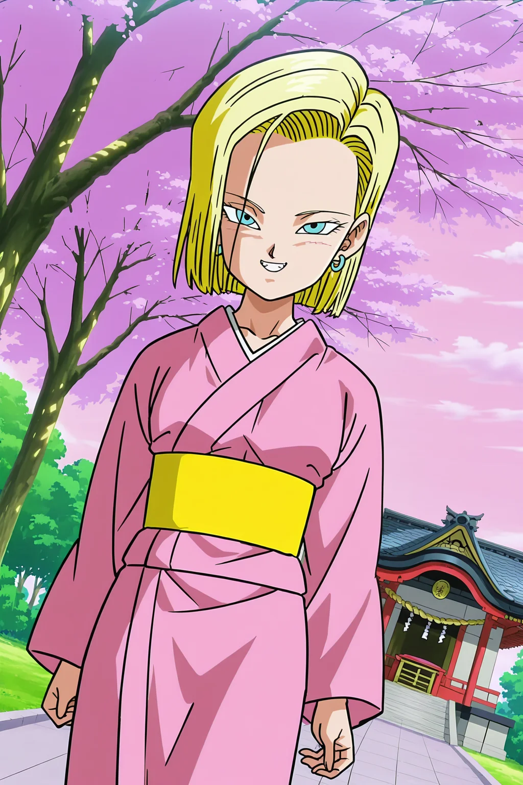 anime screencap, absurdres, high quality, official style,
android 18, short hair, blue eyes, blonde hair, evil smile, evil grin, 
pink kimono, sash, temple, cherry blossoms, falling cherry blossoms, pink sky, smile, happy, cowboy shot, dutch angle, day, outdoors, nature, 
 <lora:Android_18_-_Dragon_Ball:0.8>