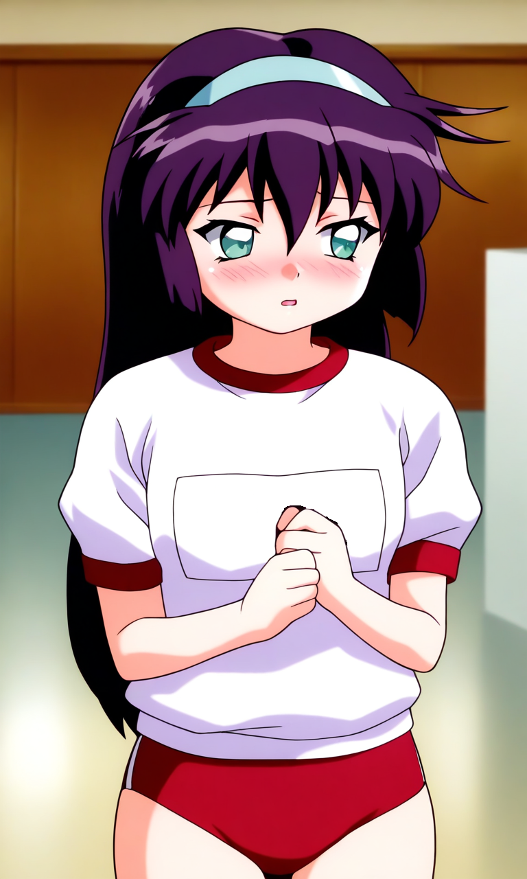 general,highres, ultra-detailed,very aesthetic,best quality ,best hands, BREAK  <lora:Amano_Misao_Pretty_Sammy_IS:1>
Amano_Misao, 1girl, solo, purple hair, long hair, bangs,  light blue hairband, green eyes,  hair between eyes, 
red buruma, parted lips, shirt, name tag, indoors, looking to the side, white shirt, blush, standing, gym shirt, looking away, open mouth,