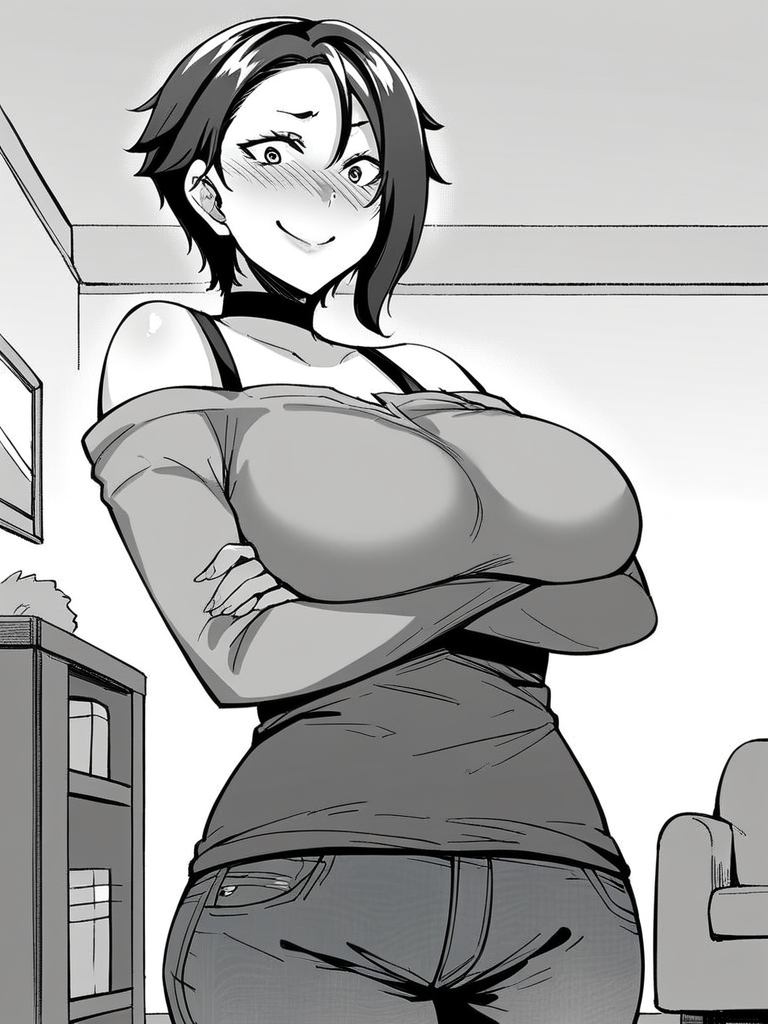 score_9, score_8_up, score_7_up,  
1girl,  monochrome, ryoka tt, mature female, black hair, short hair, asymmetrical hair, large breasts,  

standing, indoors, living room, smile, nose blush, wide-eyed, nervous, looking at viewer, crossed arms, black t-shirt, long sleeves, off-shoulder shirt, jeans, choker,