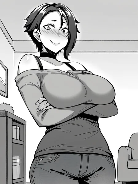 score_9, score_8_up, score_7_up,
1girl, monochrome, ryoka tt, mature female, black hair, short hair, asymmetrical hair, large breasts,
standing, indoors, living room, smile, nose blush, wide-eyed, nervous, looking at viewer, crossed arms, black t-shirt, long sleeves, off-shoulder shirt, jeans, choker,