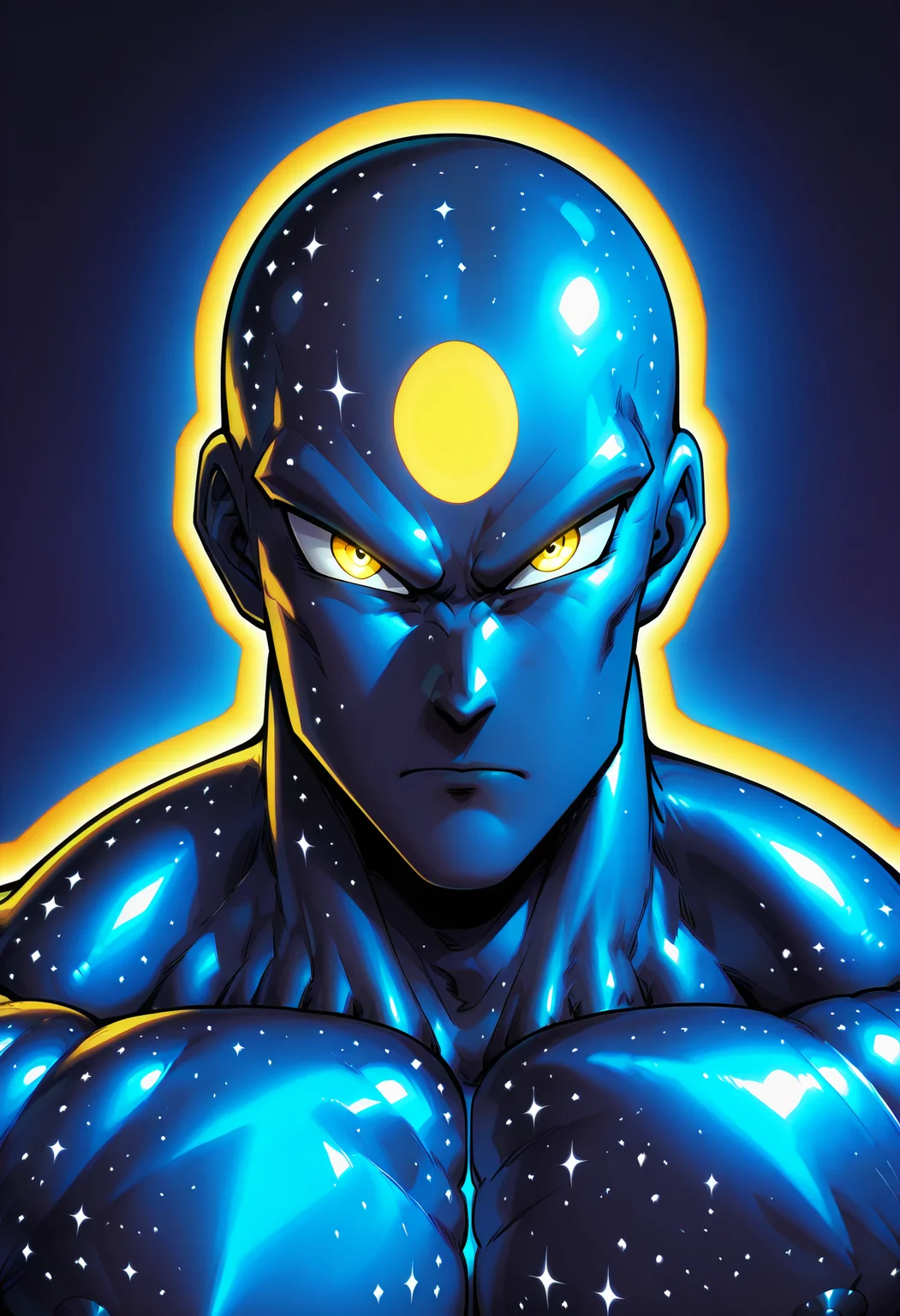 psygami, muscular male, cosmic skin,  
shockwaves, concentric circles from forehead,  
closed mouth,
close-up, intense stare, looking at viewer,
muscular pectorals, male nipples,
glistening, shiny,
glowing outline,
simple background,
<lora:OC_Psygami_R1_E18:1.0> 
<lora:[Concept - IL] Super scream:0.7>
<lora:[Concept - Pony XL] Eclipse Faces:0.5> eclipsefaces, portrait, backlighting, collarbone,