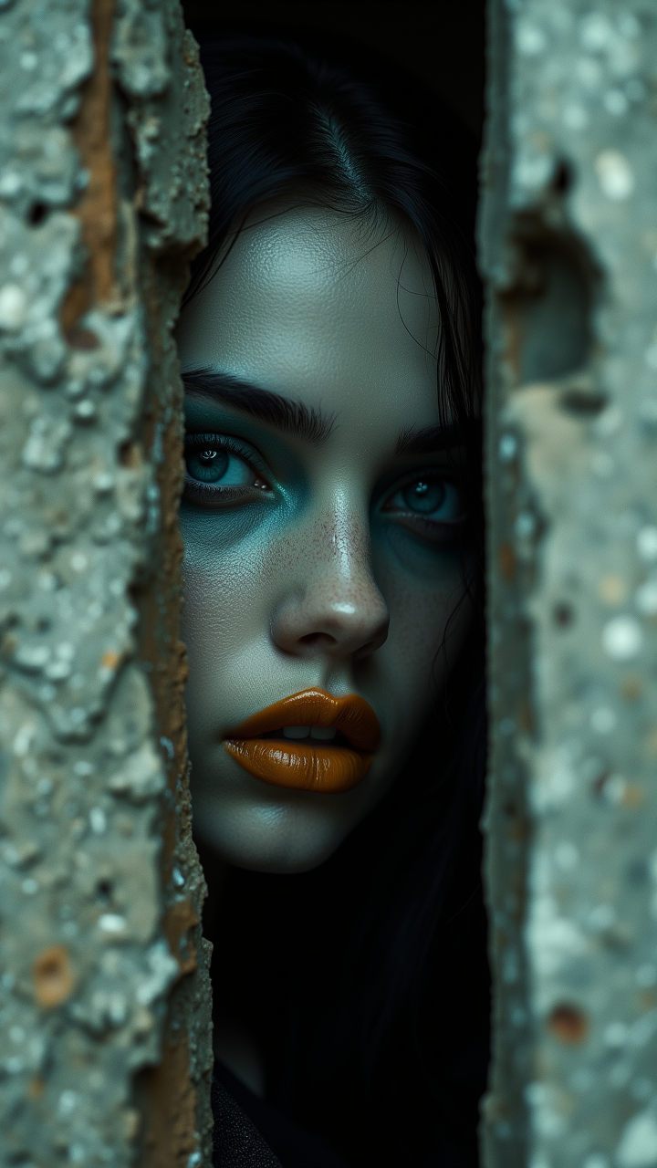 In the depths of a Ghost, barren rear angle, a figure with intricate artistic color Mustard lips and piercing emerald Gray eyes gazes out from behind a towering Atmospheric wall. aidmaMJ6.1