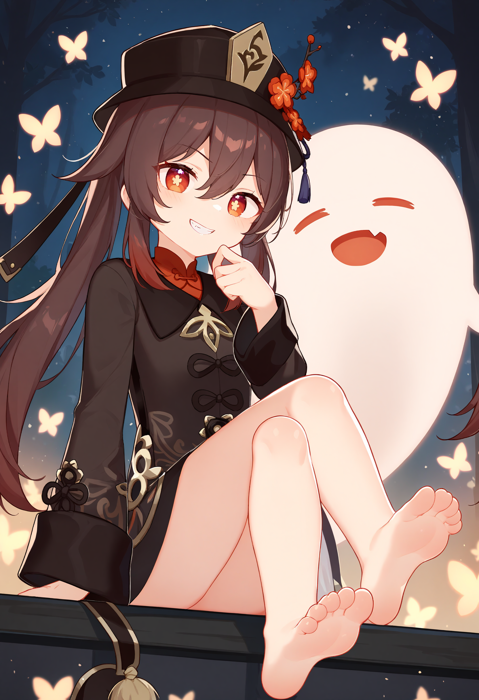 HuTao,HuTao\(Genshin\),1girl,smile,hat,ghost,looking at viewer,symbol-shaped pupils,brown hair,flower,long sleeves,solo,long hair,red eyes,butterfly,bug,twintails,grin,hat flower,hair between eyes,bangs,black headwear,:d,fang,barefoot,foot_focus,toes,crossed_legs,<lora:HuTao_By-XieMo:0.6>,<lora:Loli_v1_By-XieMo-000012:0.6:lbw=SDXL>,