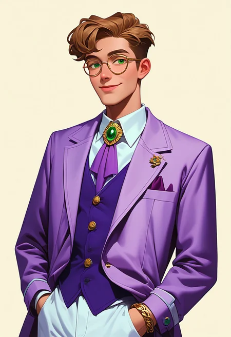 score_9, score_8_up, score_7_up, mgas, masterpiece, best quality, detailed eyes, detailed face, perfect eyes, high detailed, absurdres, highres, casual game art, mobile game art, merge 3 game art, character design, BREAK 1boy, man, mature, solo, smug, attractive, light brown hair, short hairstyle, green eyes, round black-rimmed glasses, white shirt under the jacket, purple silk tie, light purple knitted vest over the shirt, light brown jacket with 3 round small buttons on the cuffs, fake pockets on the jacket, white trousers, gold snake brooch on a tie, a gold chain bracelet on his right hand, BREAK holding on to the lapel of his jacket with both hands, standing, cowboy shot, looking to the left, BREAK simple background, white background