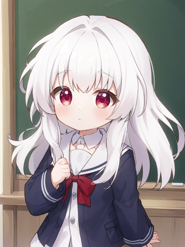 kelala girl,white hair,Red eyes,<lora:xl_kelala girl-000011:0.9>,kids kindergarten uniform