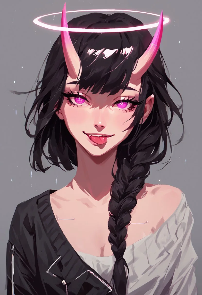 score_9, score_8_up, score_8, female, cel-shading, backlit, big eyes, cute eyes, delicate features, short hair, (braided hair), black hair, portrait, nsfw, smug, seductive eyes, horns, hologram halo, 0xYung, techwear, cyborg, cybernoir, heavy rain, rainrops, (((dark))), sexy, sensual glare, pink eyes, black sclera, tongue sticking out teasingly, big chest, lineless, flar color,