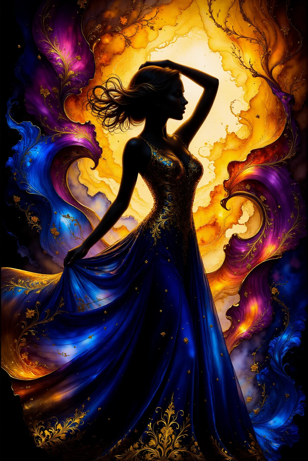 <lora:AISIL_style:1.0> AISIL style digital artwork with intricate, ethereal and vibrant background.
A woman in a dramatic pose, one hand raised to her head, the other rests by her side. Her gown flows elegantly, adorned with intricate floral and gold embellishments, glowing with warm tones of orange and yellow that merge with deep blue and purple swirls. The lighting is high contrast, emphasizing the silhouette against the vibrant, dynamic backdrop.